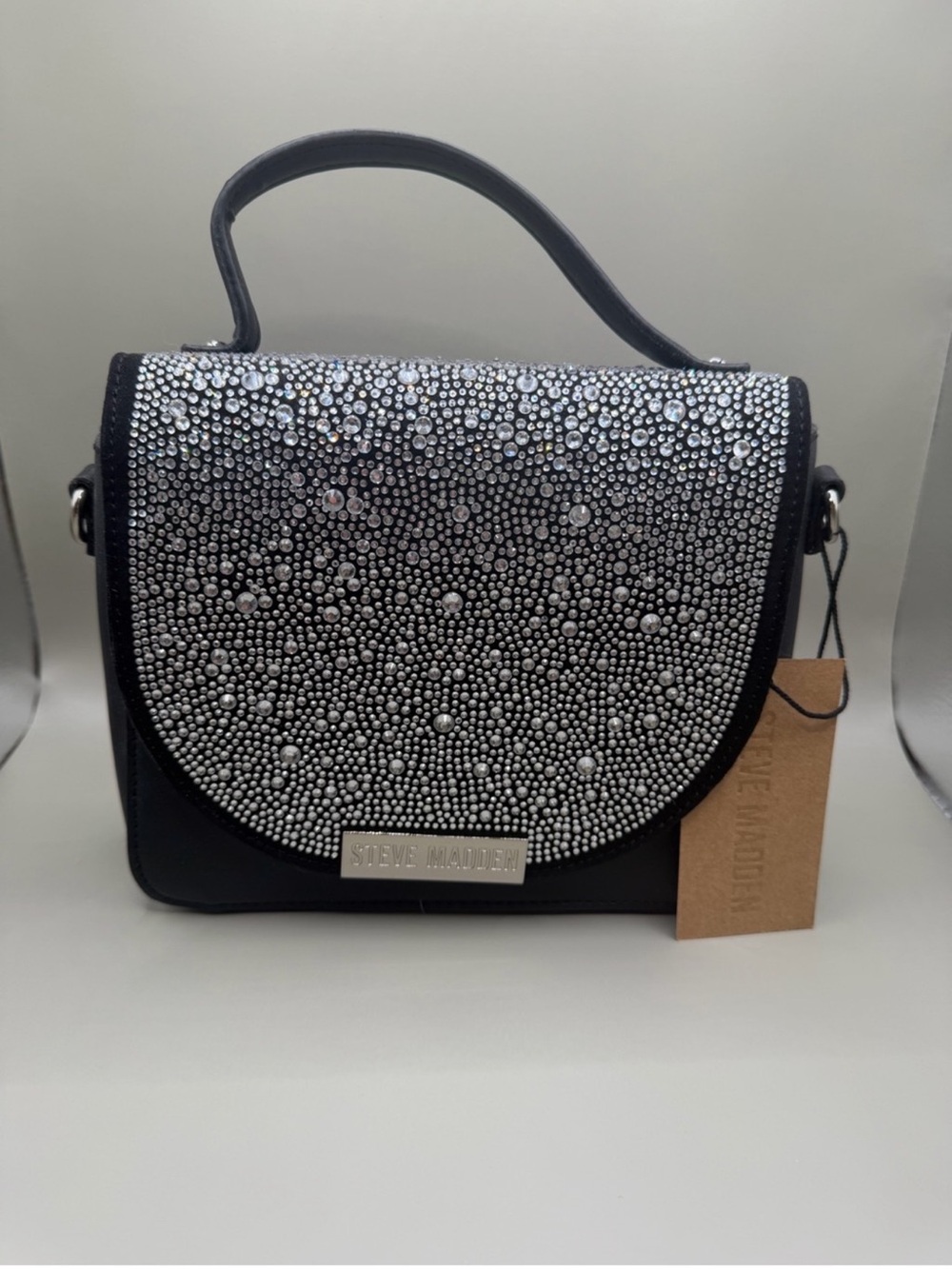 Steve Madden Black and Silver Rhinestone Top-Handle Satchel